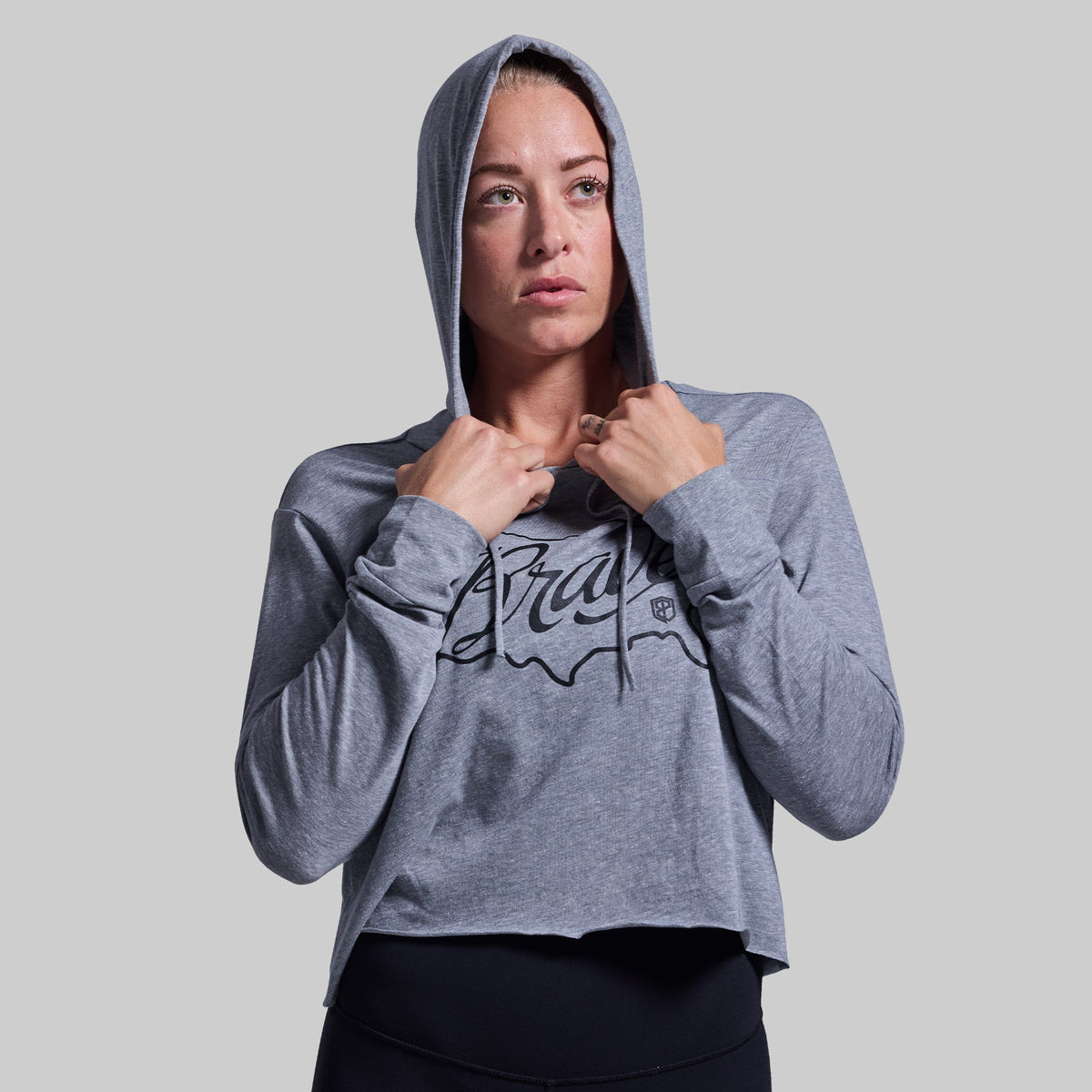 Home of the Brave Cropped Tee Hoodie (Heather Grey)