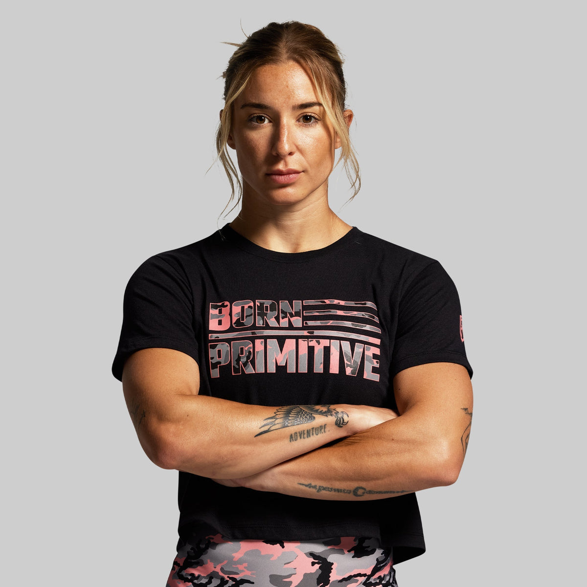 BP Flag Crop Tee (Black/Pink Woodland)