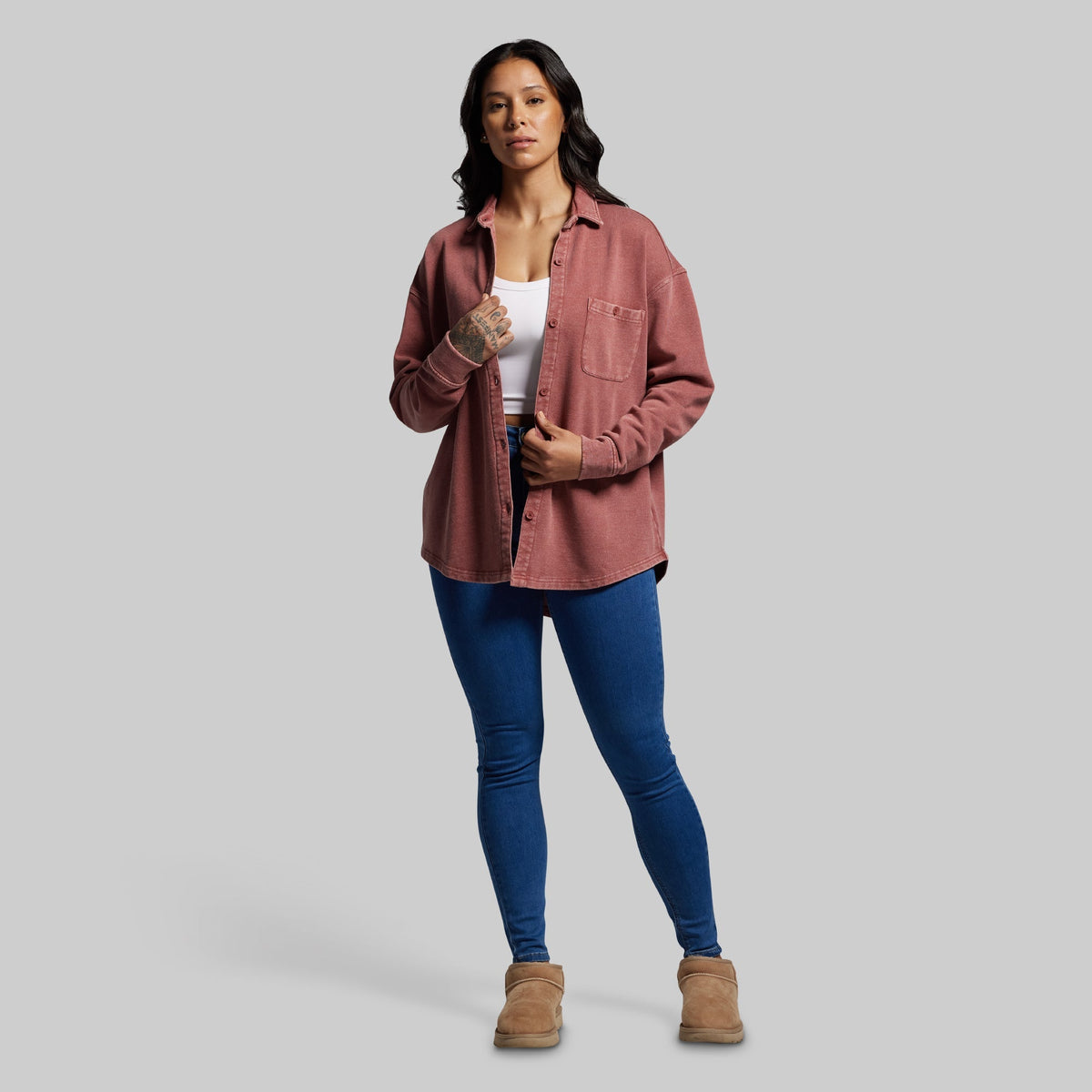 Women's Oversized Washed Button Up (Rosewood)