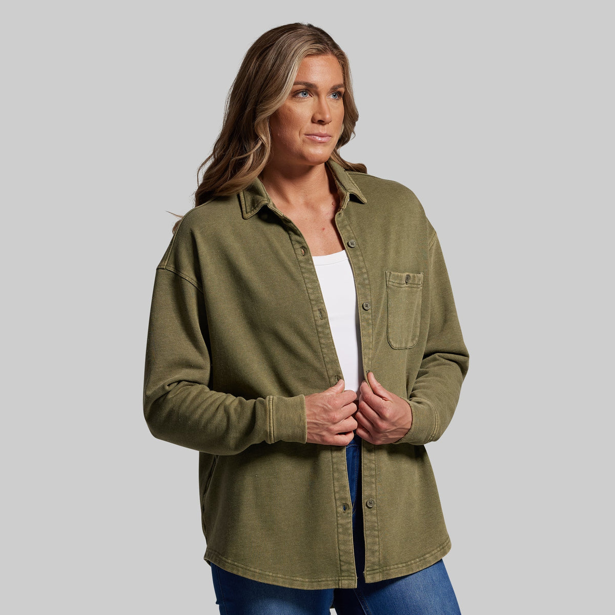Women's Oversized Washed Button Up (Deep Green)