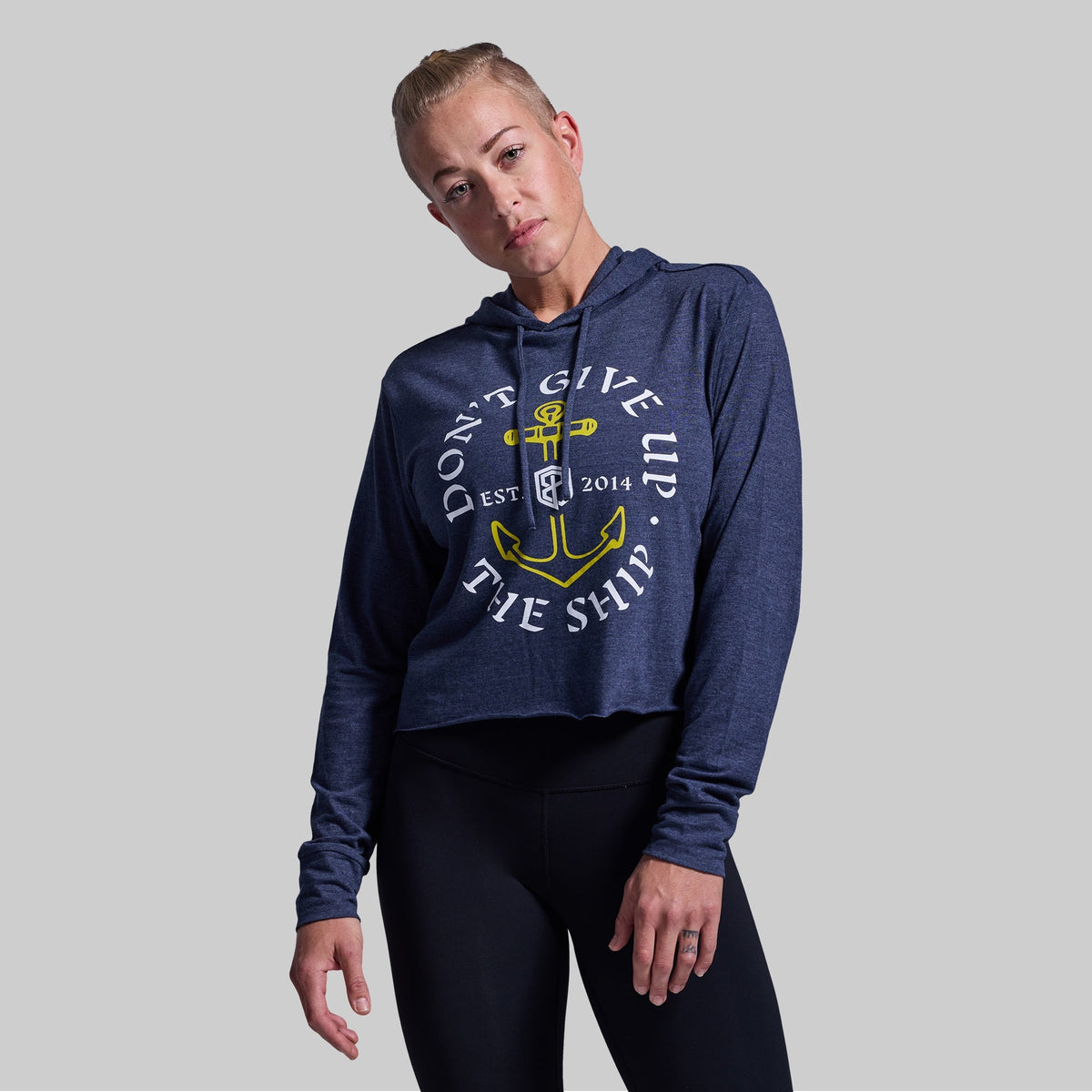 Don't Give Up The Ship Cropped Tee Hoodie (Heather Navy)