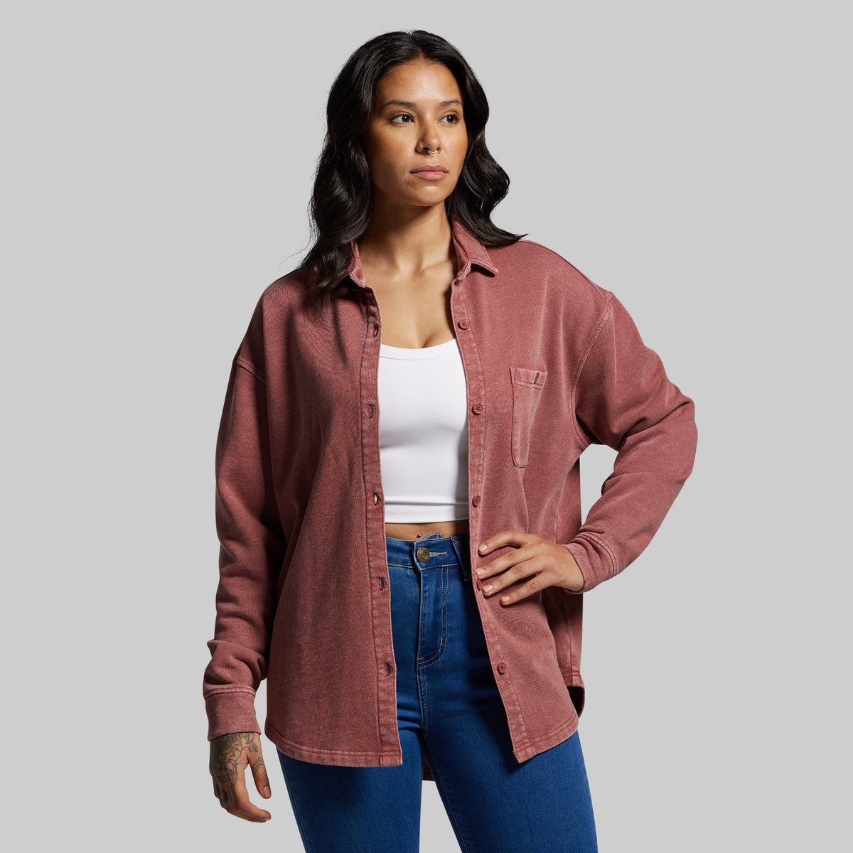 Women's Oversized Washed Button Up (Rosewood)